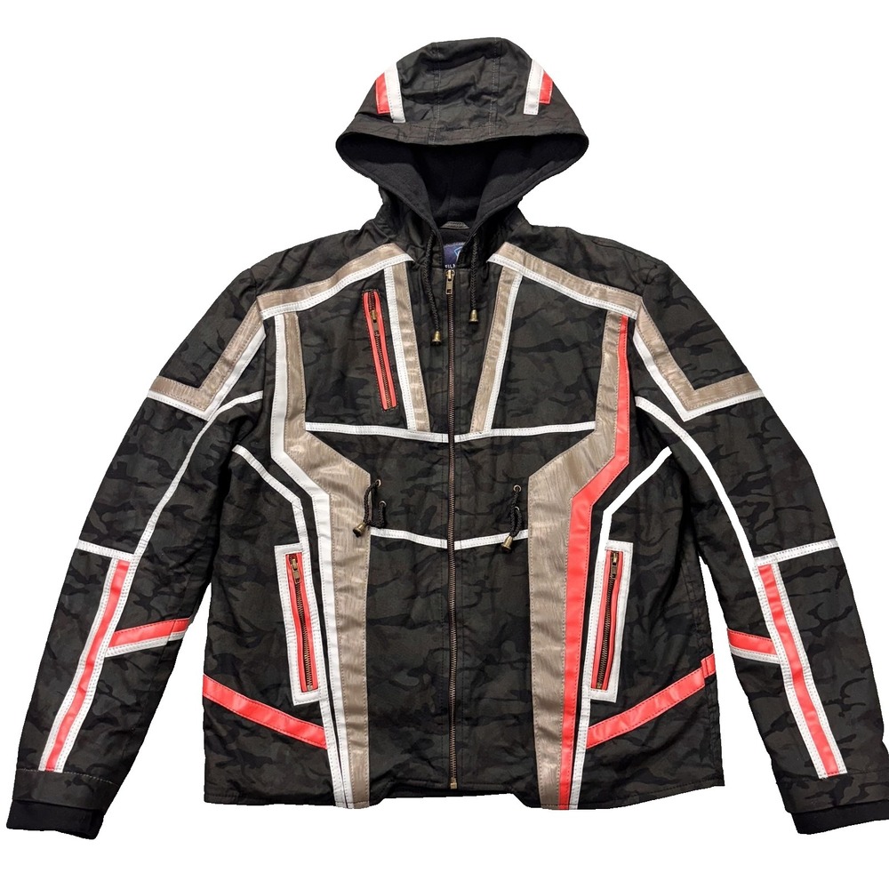Films Jackets Hooded Jacket Mens Large Black Camo Red Trim Fleece Lined Full Zip